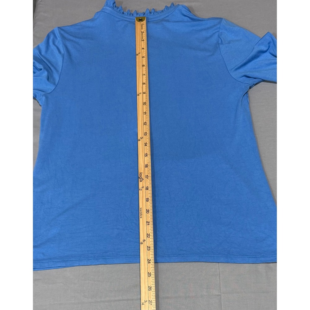 Talbots Ruffle Henley Top Womens Medium Blue Long Sleeve Stretch Knit Casual - Picture 7 of 8
